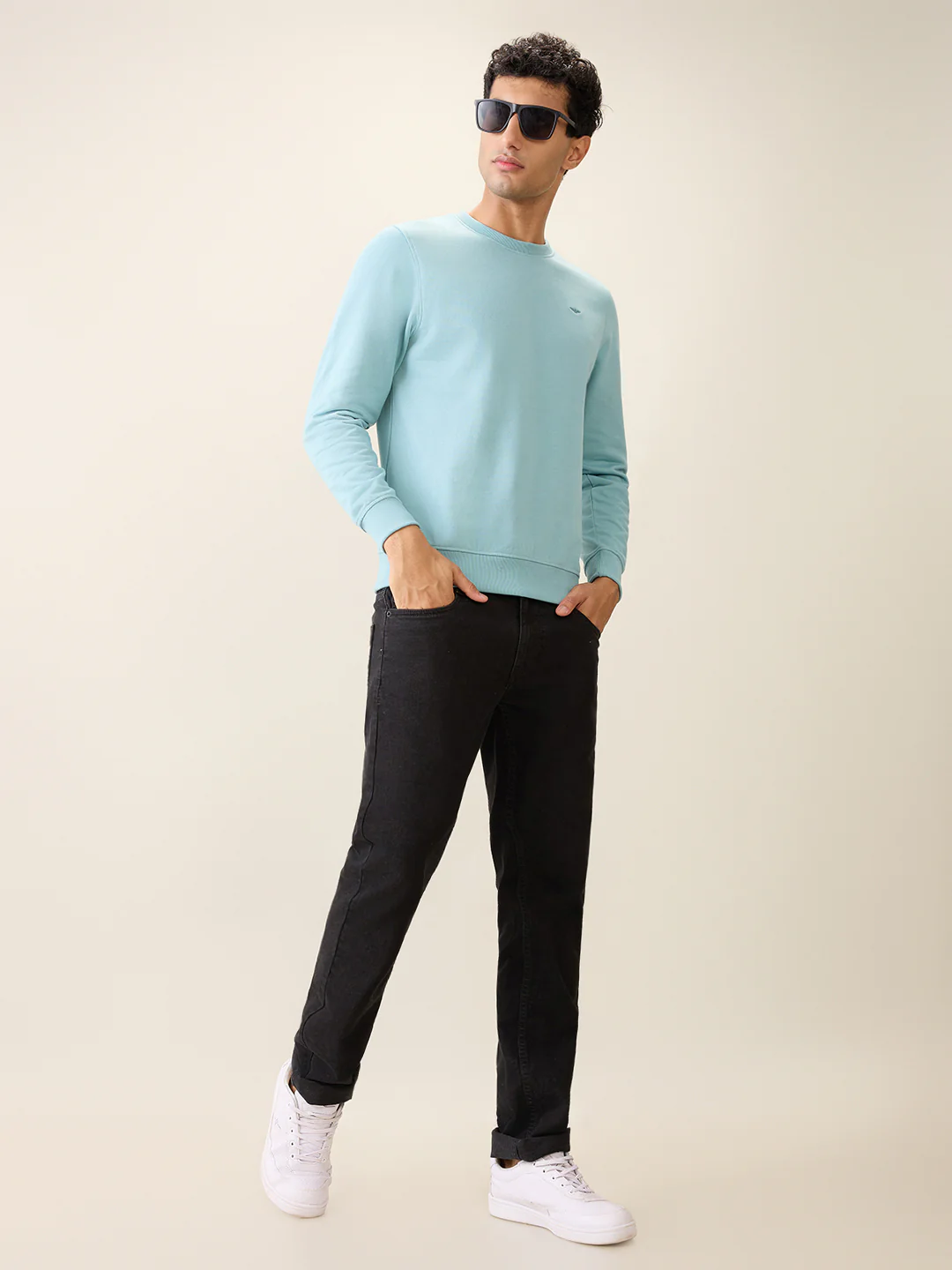 Park Avenue Men Blue Solid Slim Fit Cotton Blend Round Neck Collar Sweatshirt - Image 6