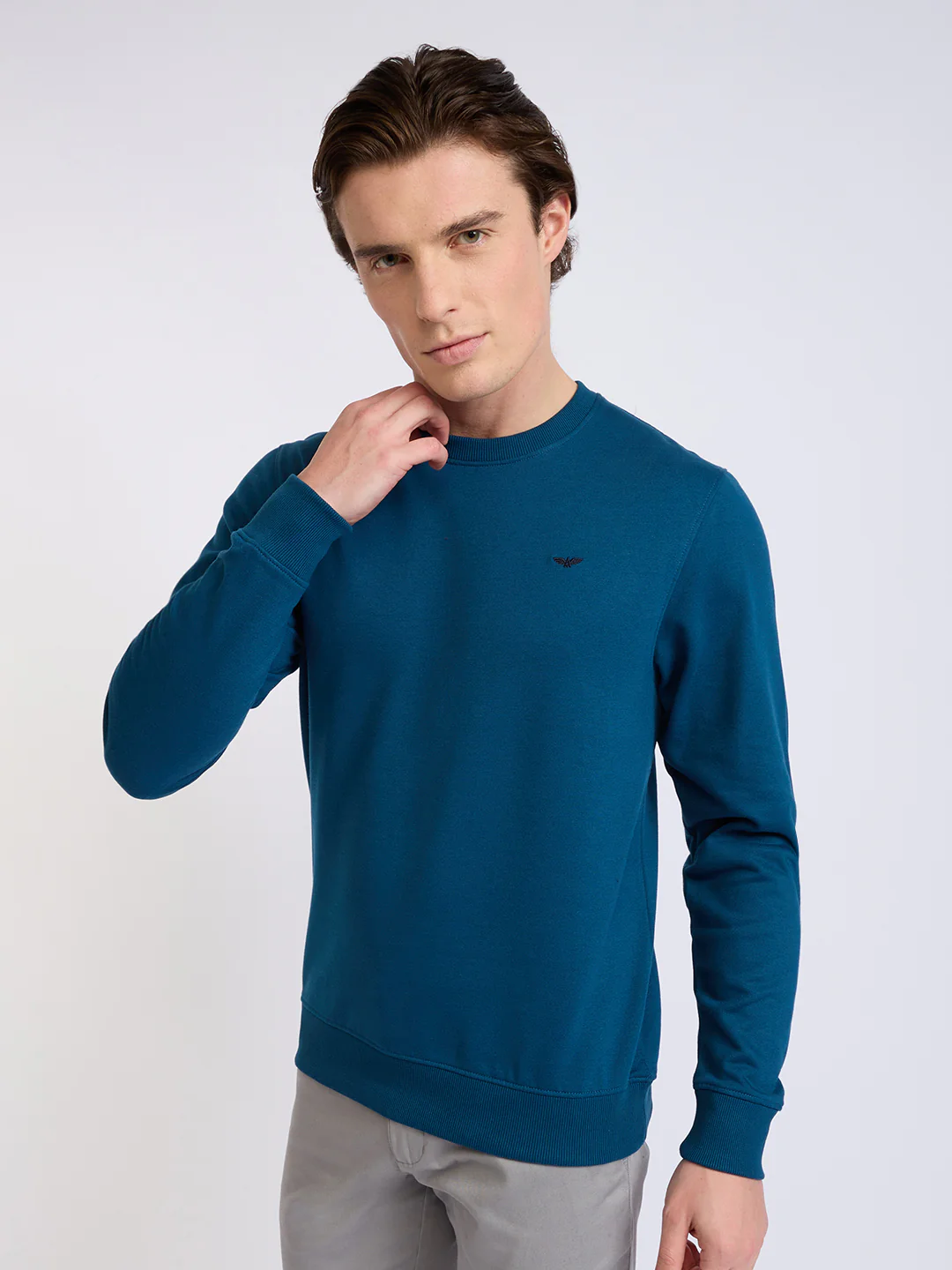 Park Avenue Men Blue Solid Slim Fit Cotton Blend Round Neck Collar Sweatshirt - Image 3