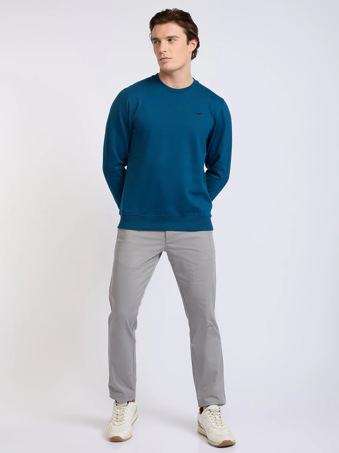 Park Avenue Men Blue Solid Slim Fit Cotton Blend Round Neck Collar Sweatshirt - Image 5