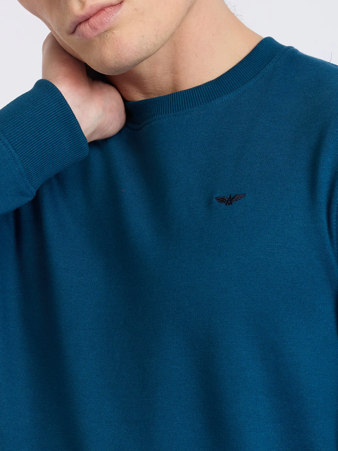Park Avenue Men Blue Solid Slim Fit Cotton Blend Round Neck Collar Sweatshirt - Image 6