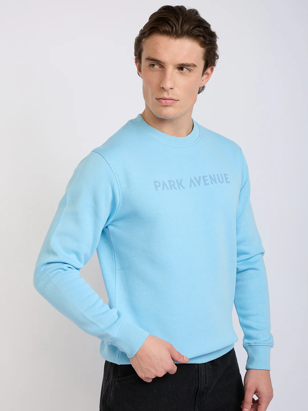 Park Avenue Men Blue Solid Slim Fit Cotton Blend Round Neck Collar Sweatshirt - Image 2