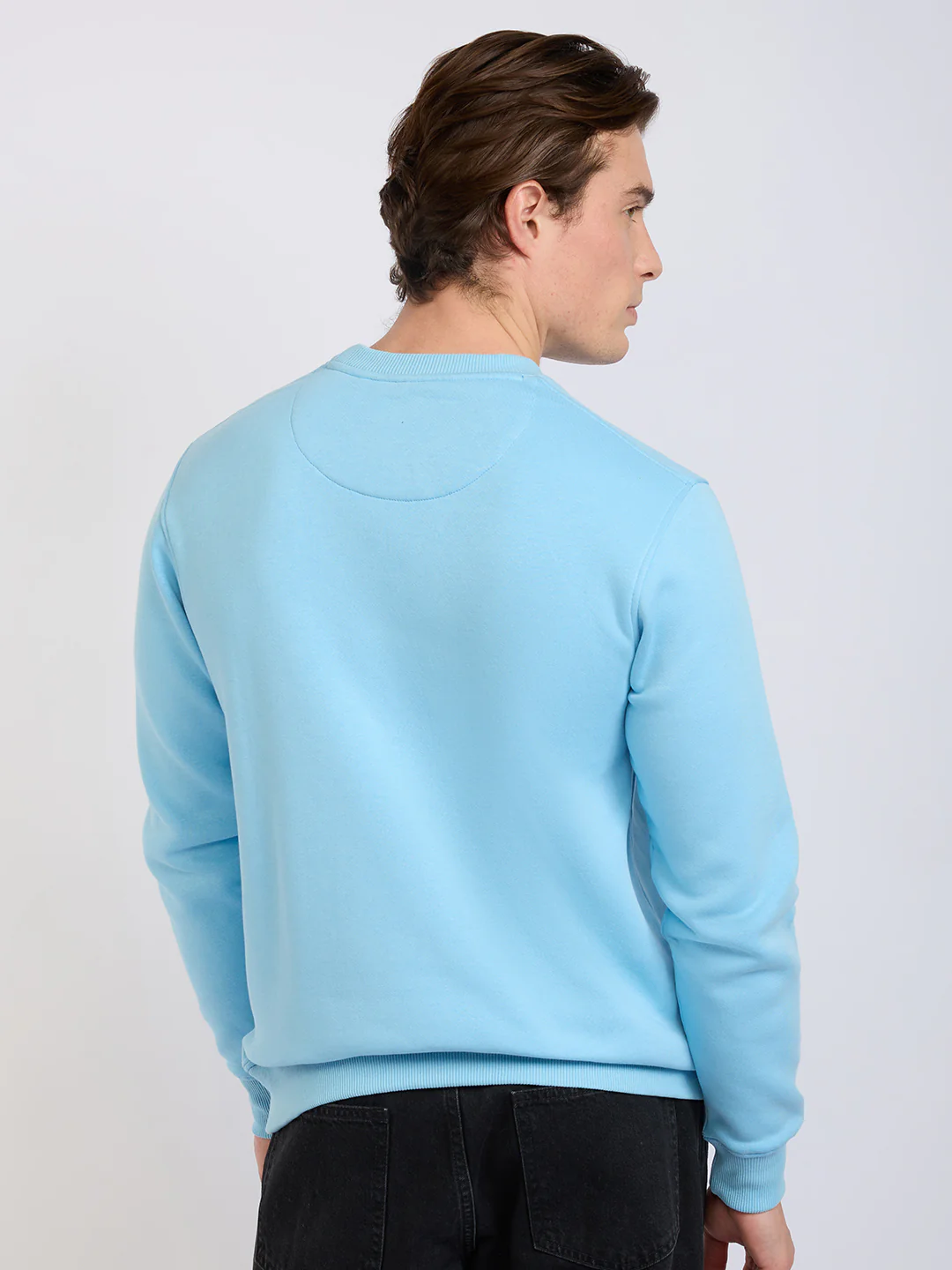 Park Avenue Men Blue Solid Slim Fit Cotton Blend Round Neck Collar Sweatshirt - Image 4