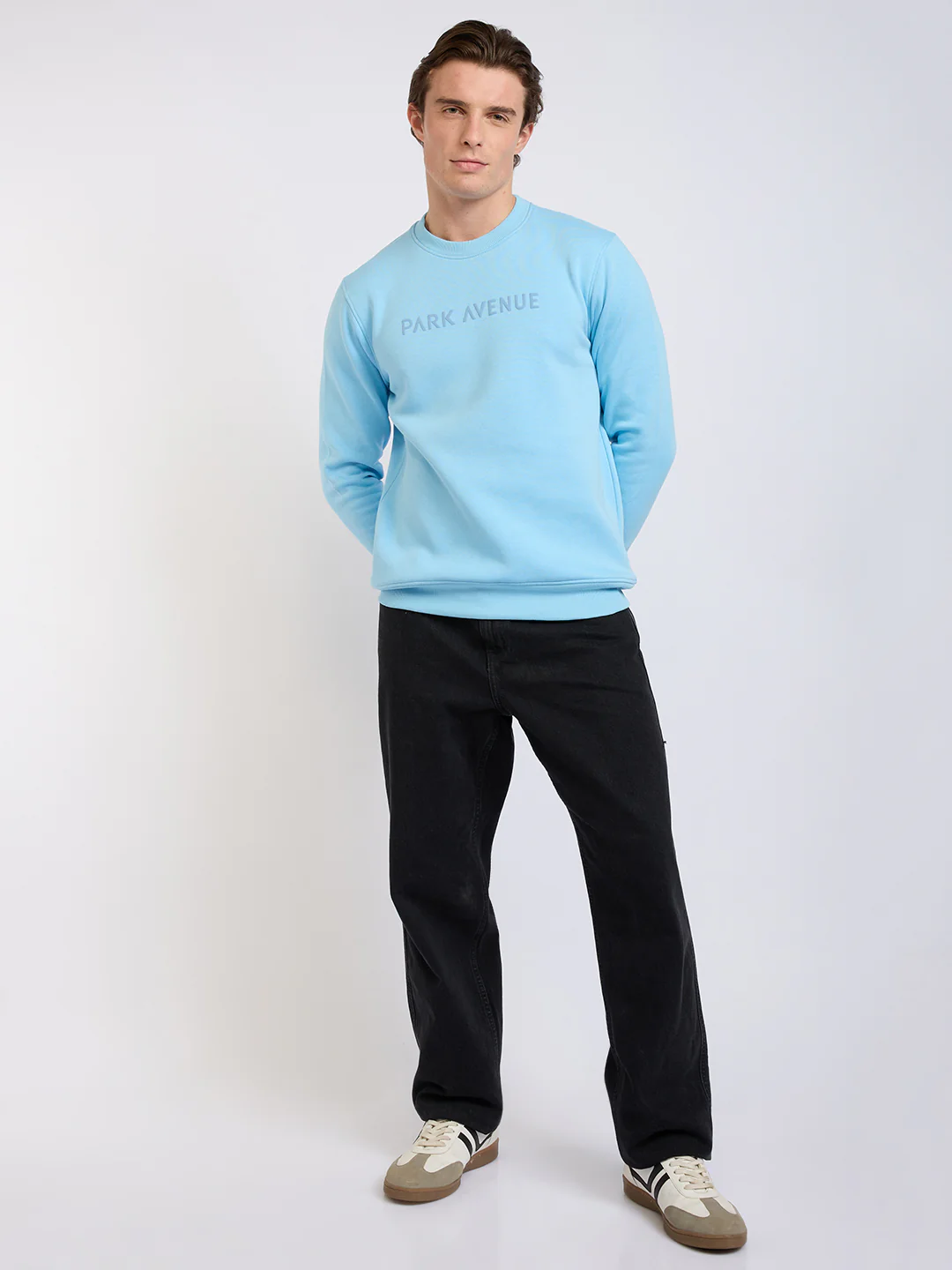Park Avenue Men Blue Solid Slim Fit Cotton Blend Round Neck Collar Sweatshirt - Image 5