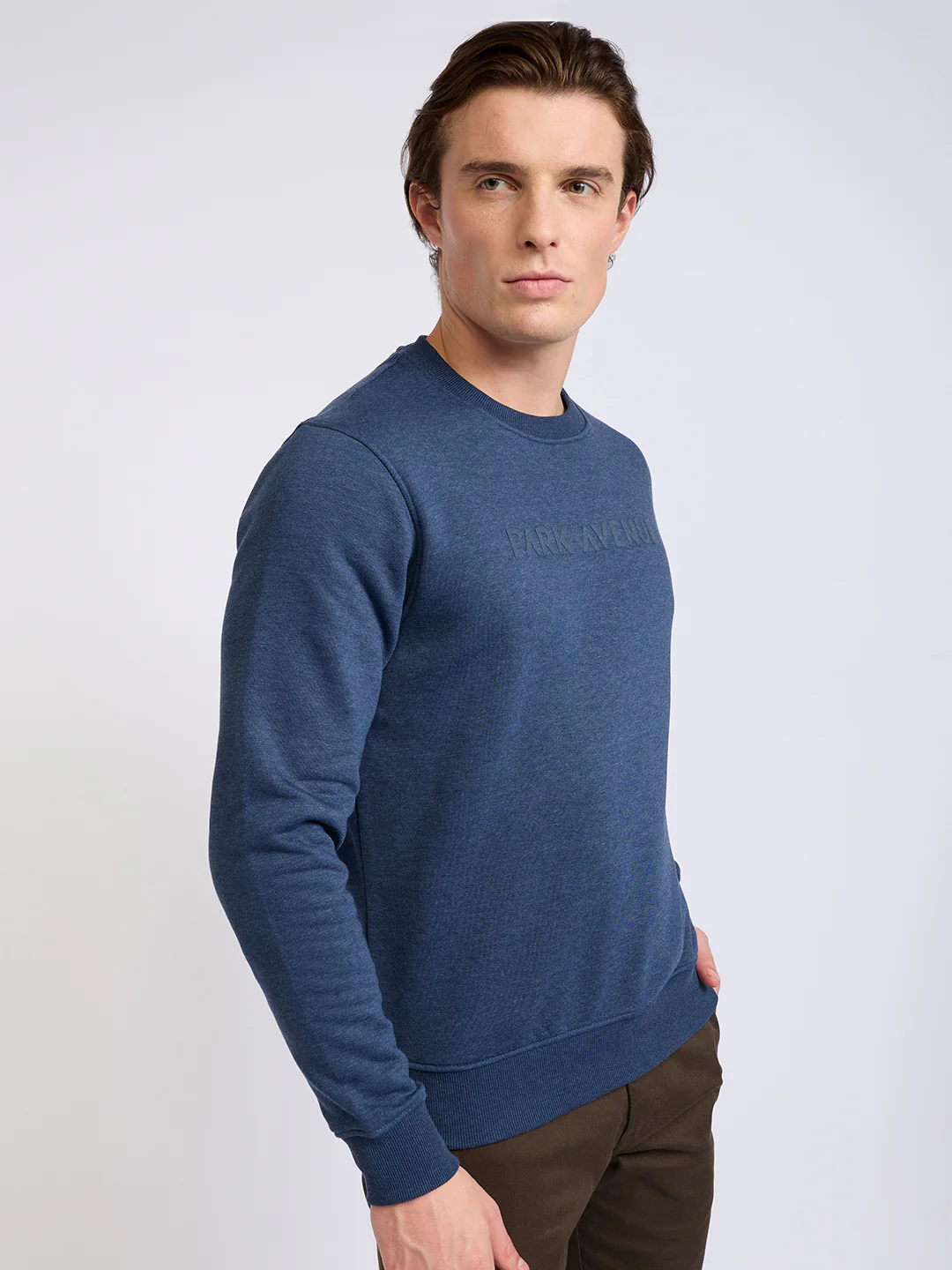 Park Avenue Men Blue Solid Slim Fit Cotton Blend Round Neck Collar Sweatshirt - Image 2
