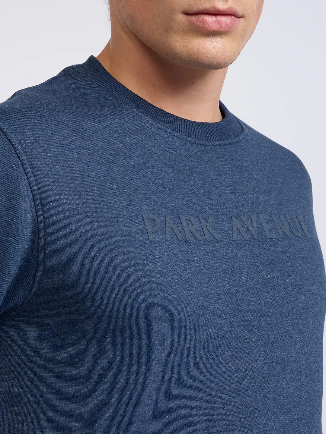 Park Avenue Men Blue Solid Slim Fit Cotton Blend Round Neck Collar Sweatshirt - Image 6