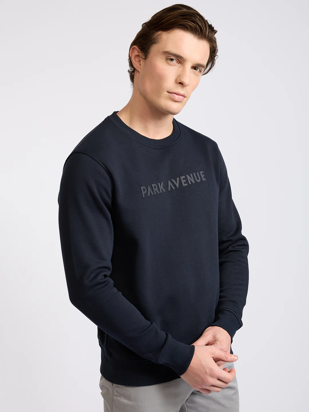 Park Avenue Men Blue Solid Slim Fit Cotton Blend Round Neck Collar Sweatshirt - Image 2
