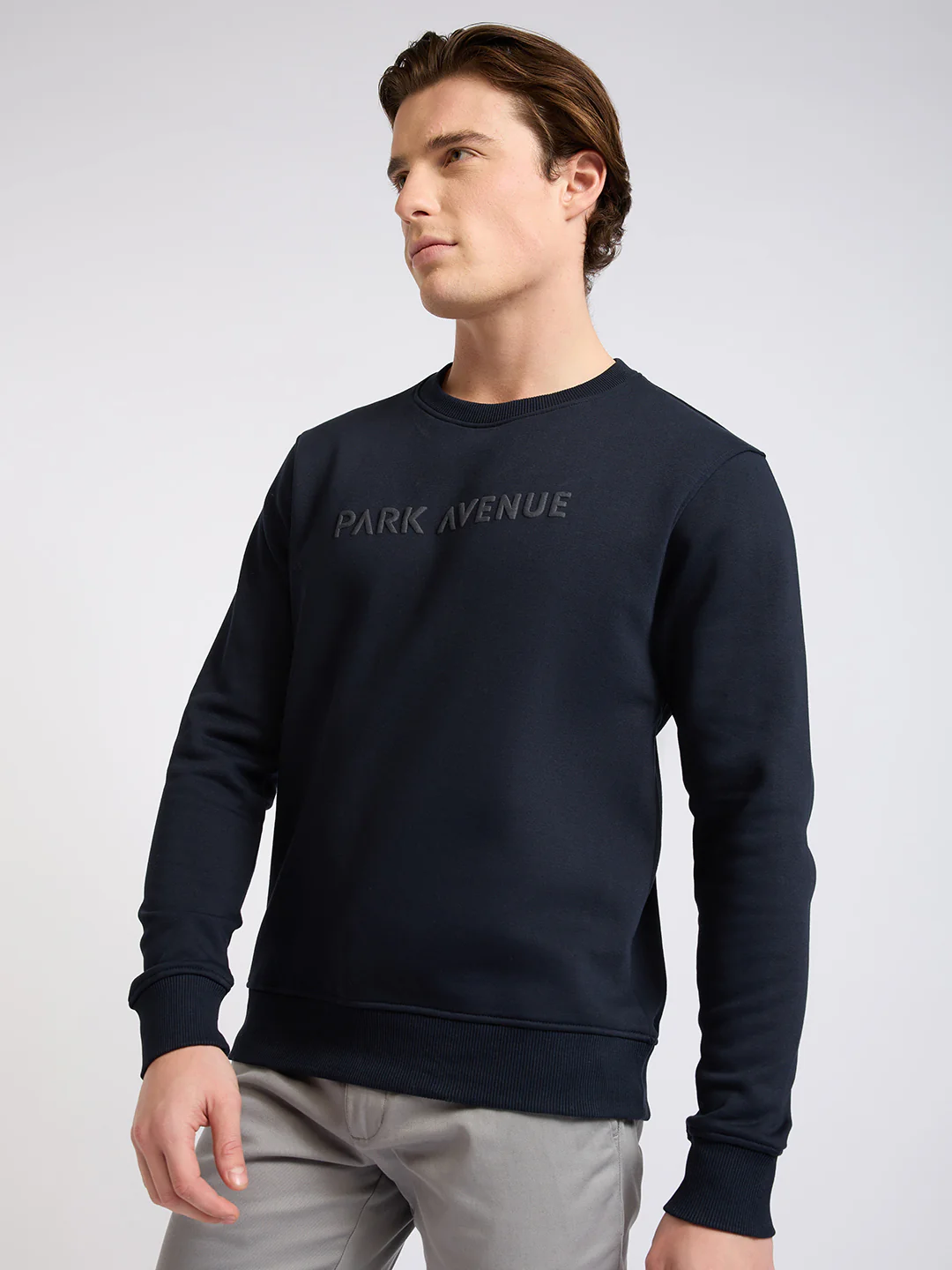 Park Avenue Men Blue Solid Slim Fit Cotton Blend Round Neck Collar Sweatshirt - Image 3