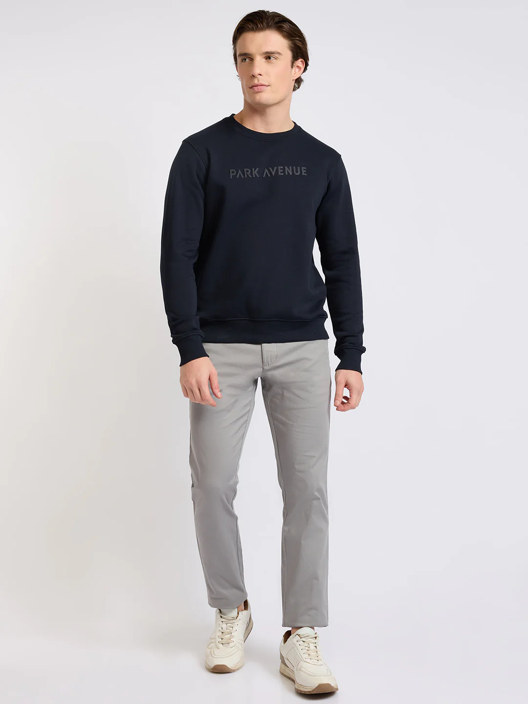 Park Avenue Men Blue Solid Slim Fit Cotton Blend Round Neck Collar Sweatshirt - Image 5