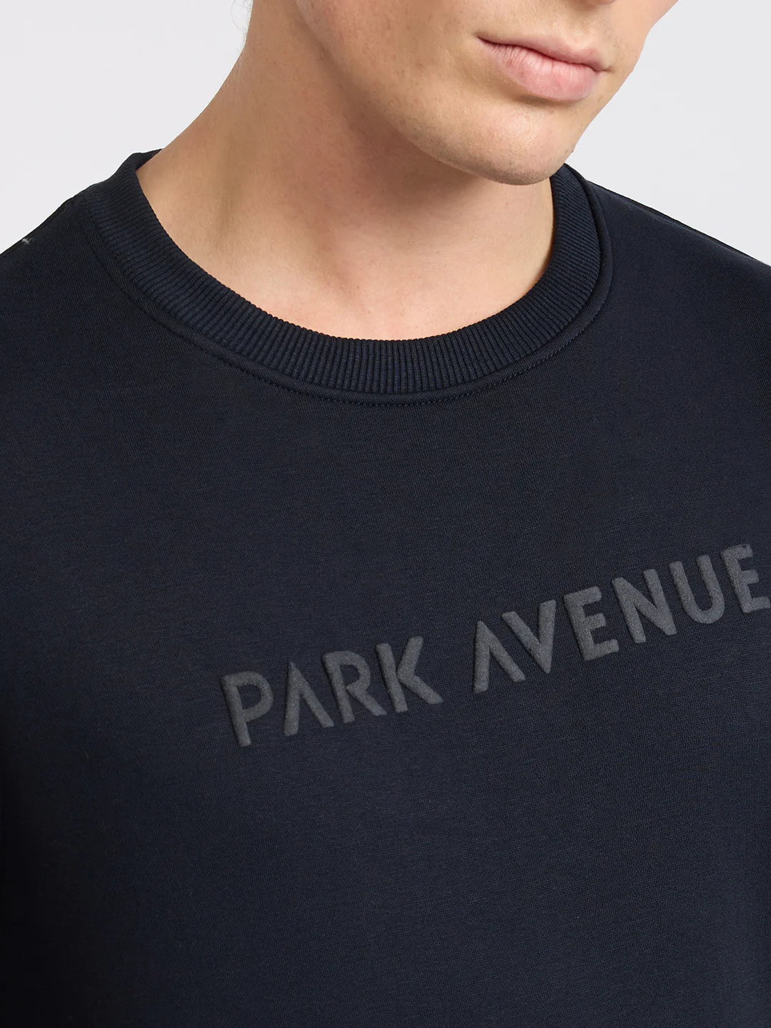 Park Avenue Men Blue Solid Slim Fit Cotton Blend Round Neck Collar Sweatshirt - Image 6