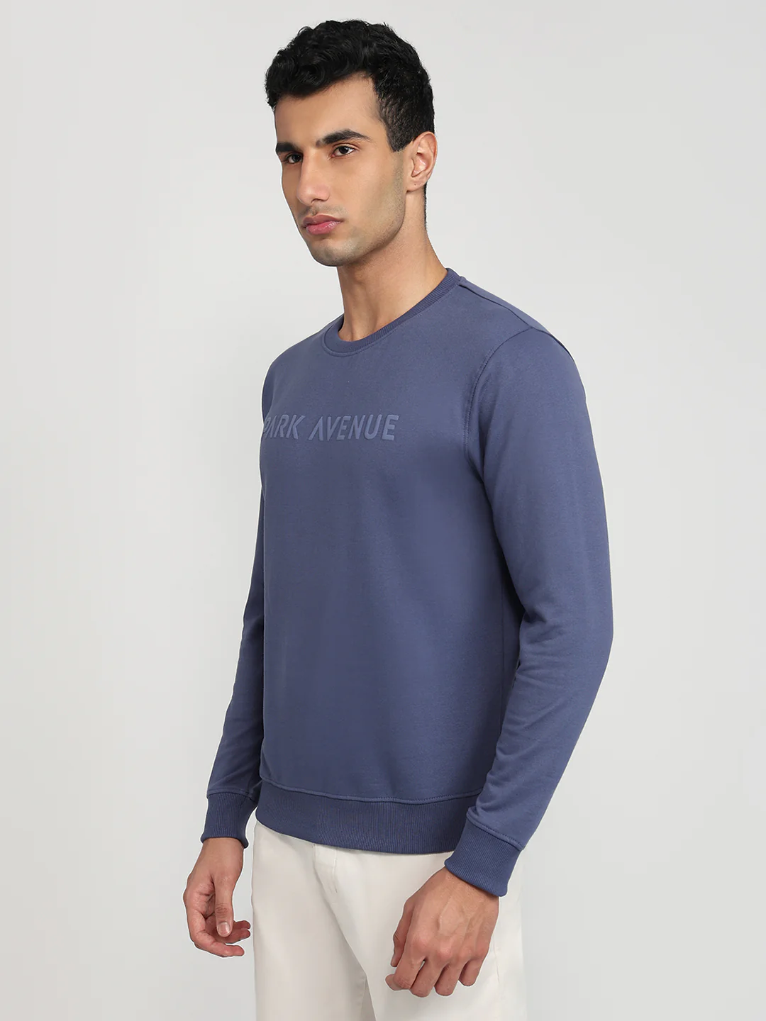 Park Avenue Men Blue Solid Slim Fit Cotton Blend Sweatshirt - Image 2