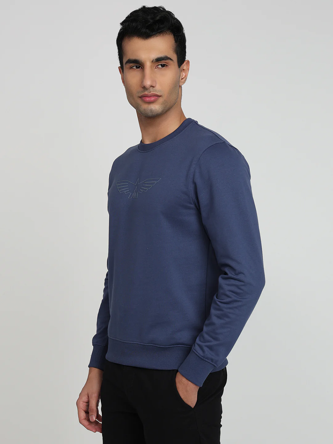 Park Avenue Men Blue Solid Slim Fit Cotton Blend Sweatshirt - Image 2