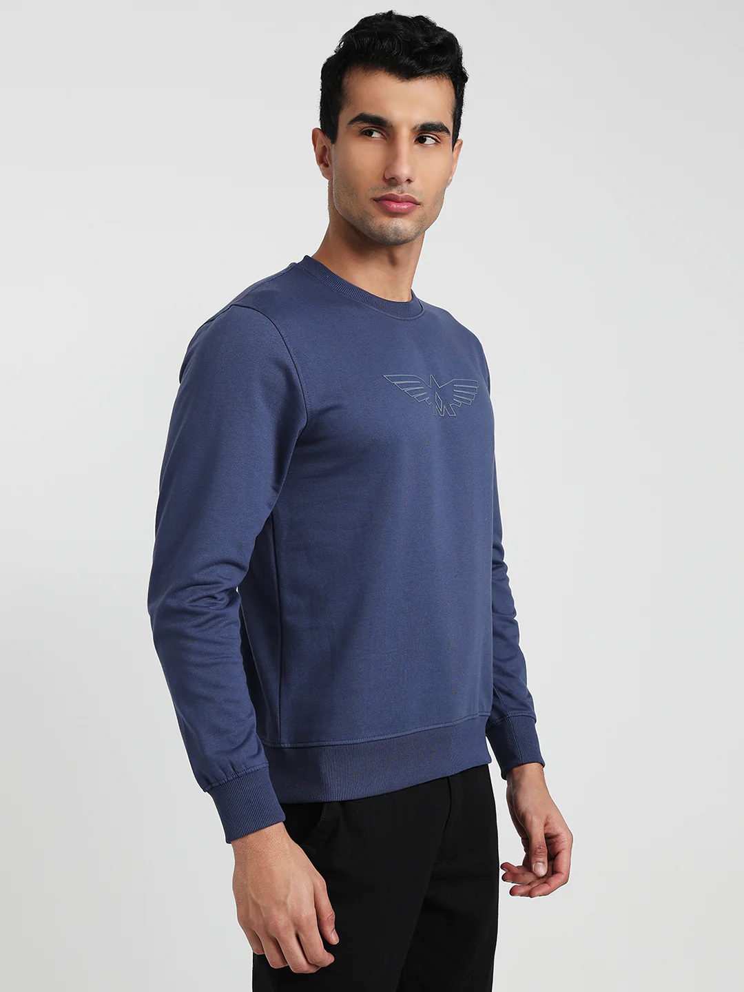 Park Avenue Men Blue Solid Slim Fit Cotton Blend Sweatshirt - Image 3