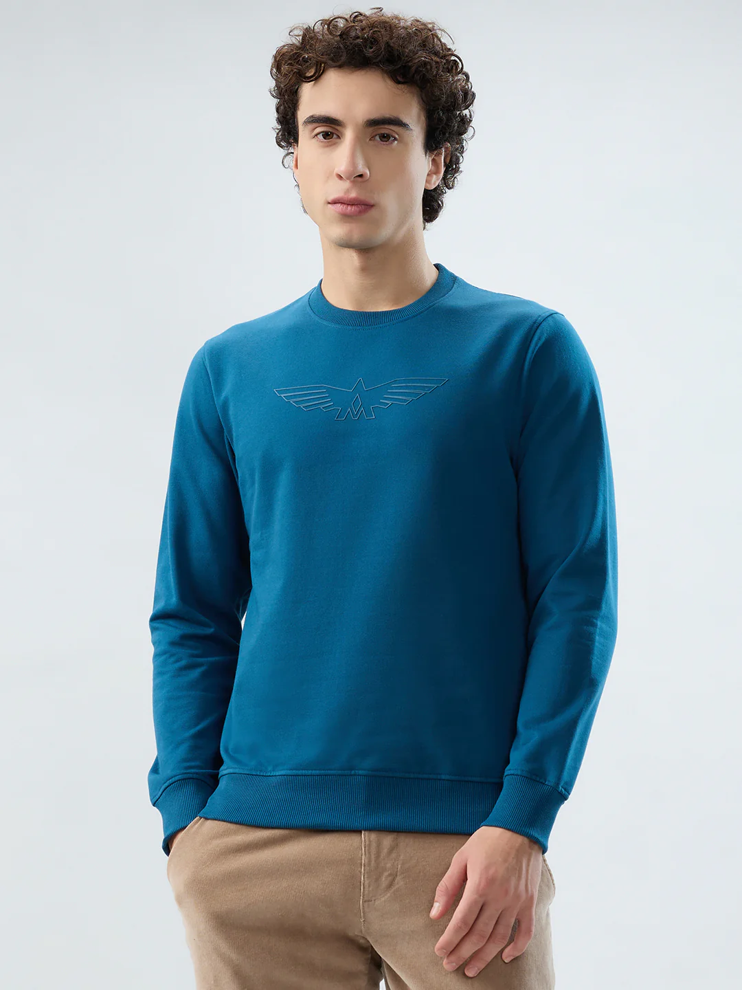 Park Avenue Men Blue Solid Slim Fit Cotton Blend Sweatshirt