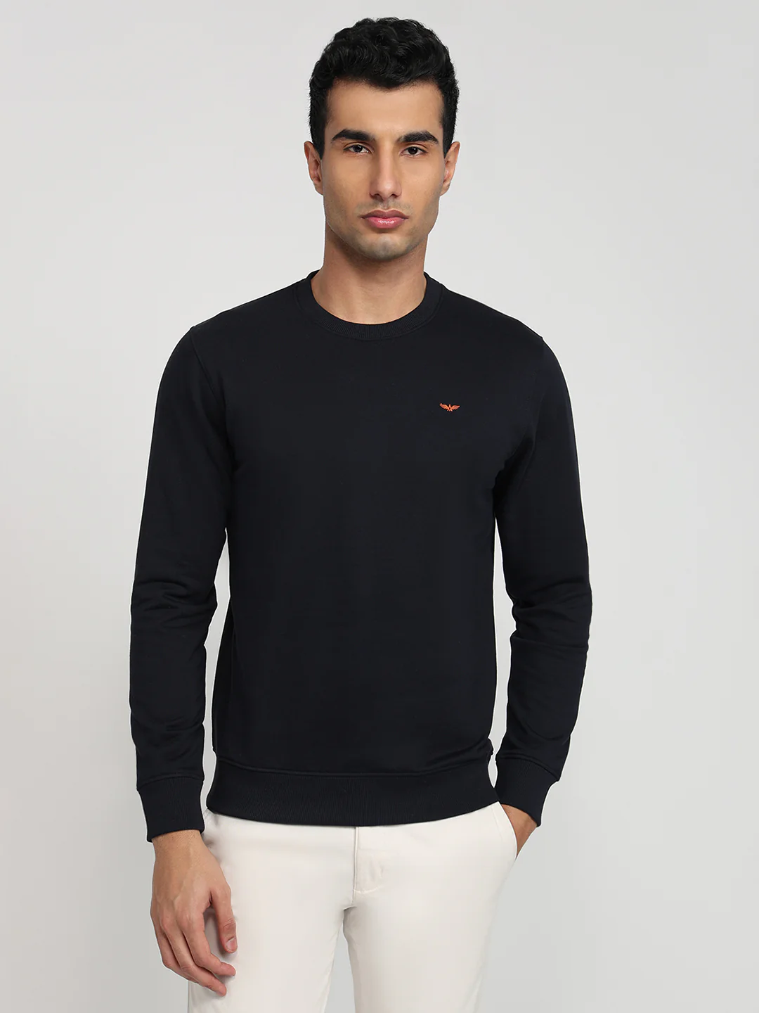 Park Avenue Men Blue Solid Slim Fit Cotton Blend Sweatshirt