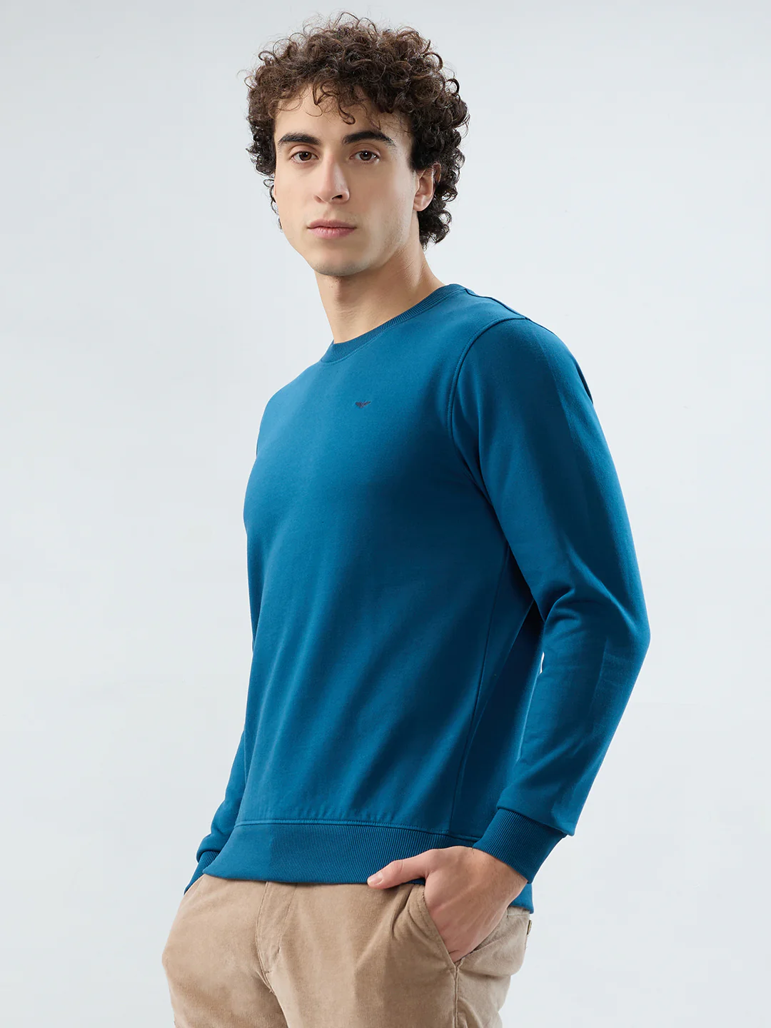 Park Avenue Men Blue Solid Slim Fit Cotton Blend Sweatshirt - Image 3
