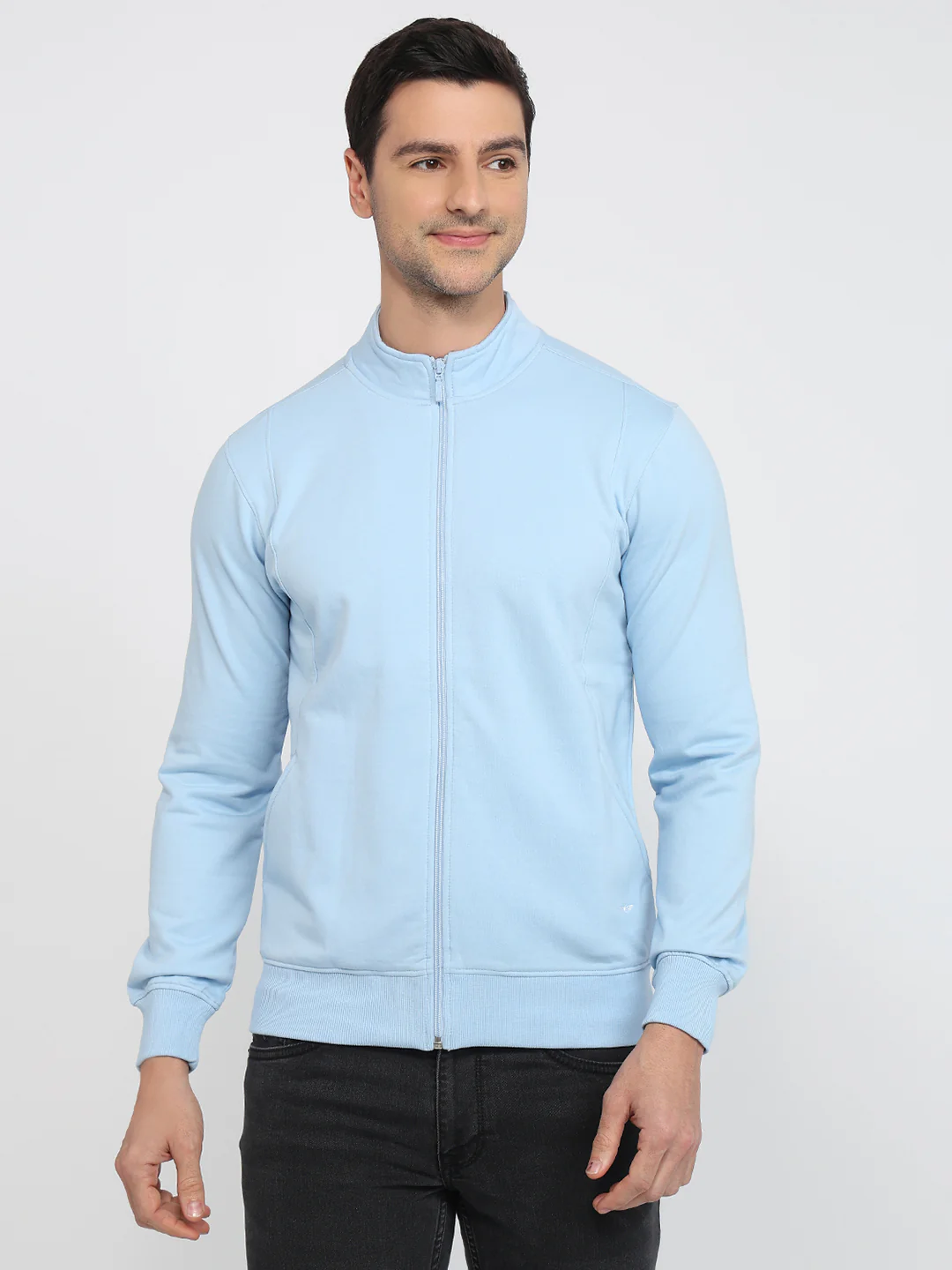 Park Avenue Men Blue Solid Slim Fit Cotton Blend Sweatshirt