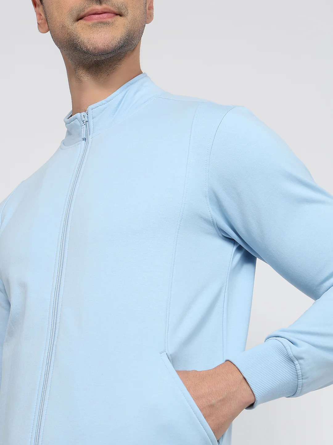 Park Avenue Men Blue Solid Slim Fit Cotton Blend Sweatshirt - Image 6