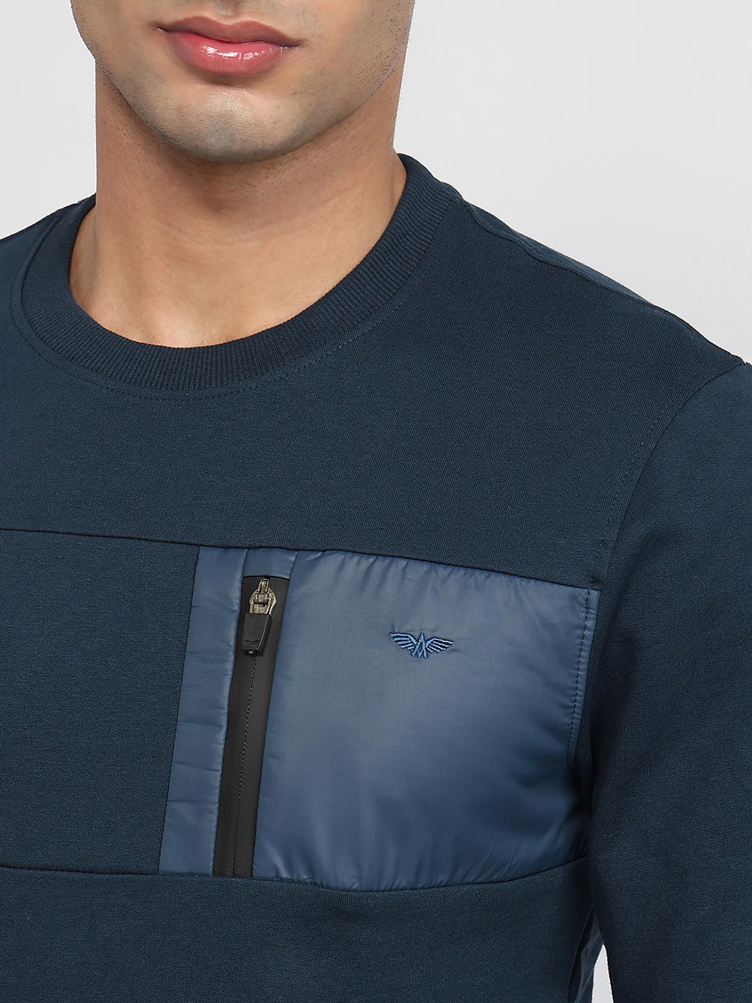 Park Avenue Men Blue Solid Slim Fit Cotton Blend Sweatshirt - Image 6