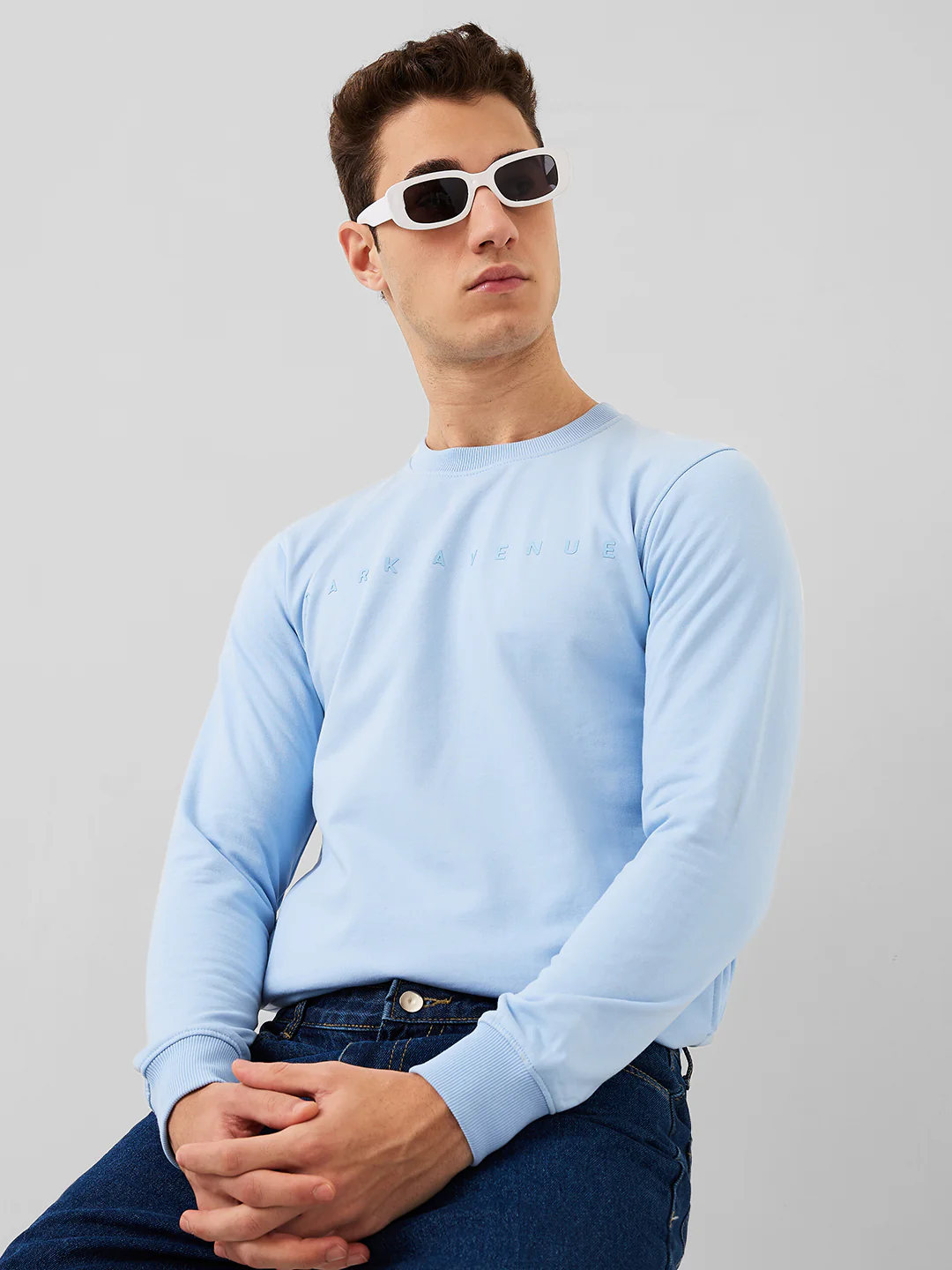 Park Avenue Men Blue Solid Slim Fit Cotton Blend Sweatshirt - Image 6