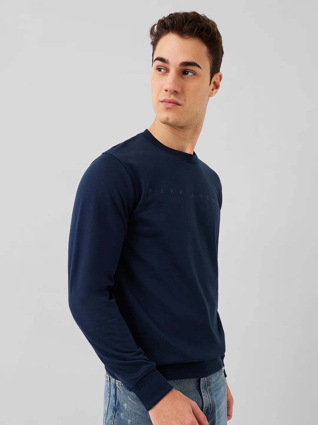 Park Avenue Men Blue Solid Slim Fit Cotton Blend Sweatshirt - Image 2