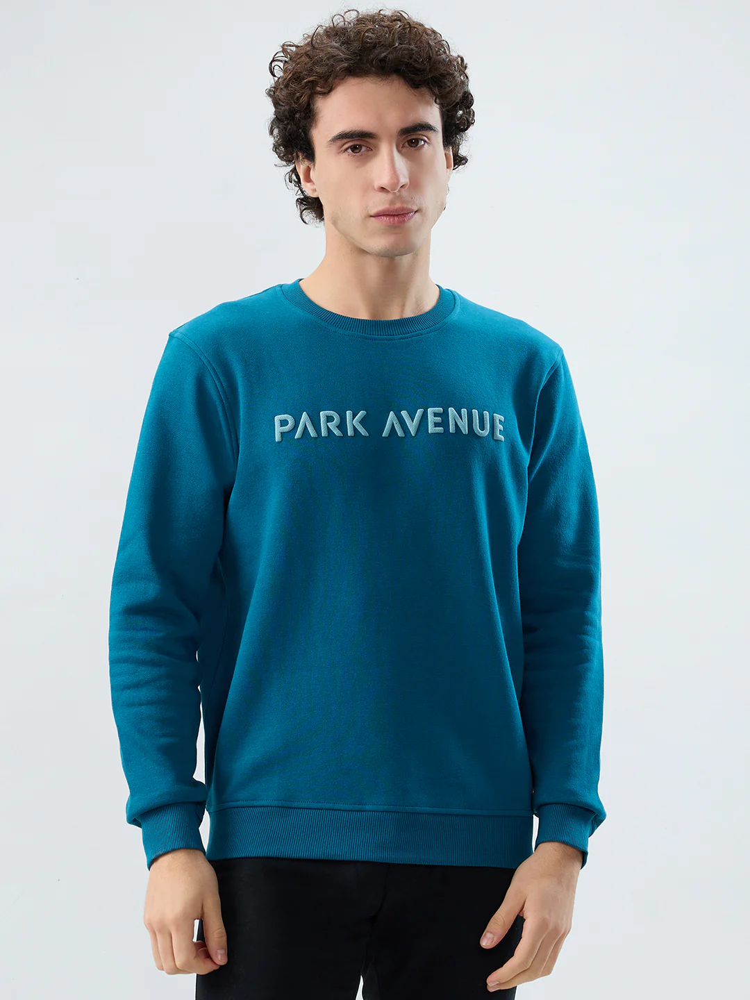 Park Avenue Men Blue Solid Slim Fit Cotton Blend Sweatshirt