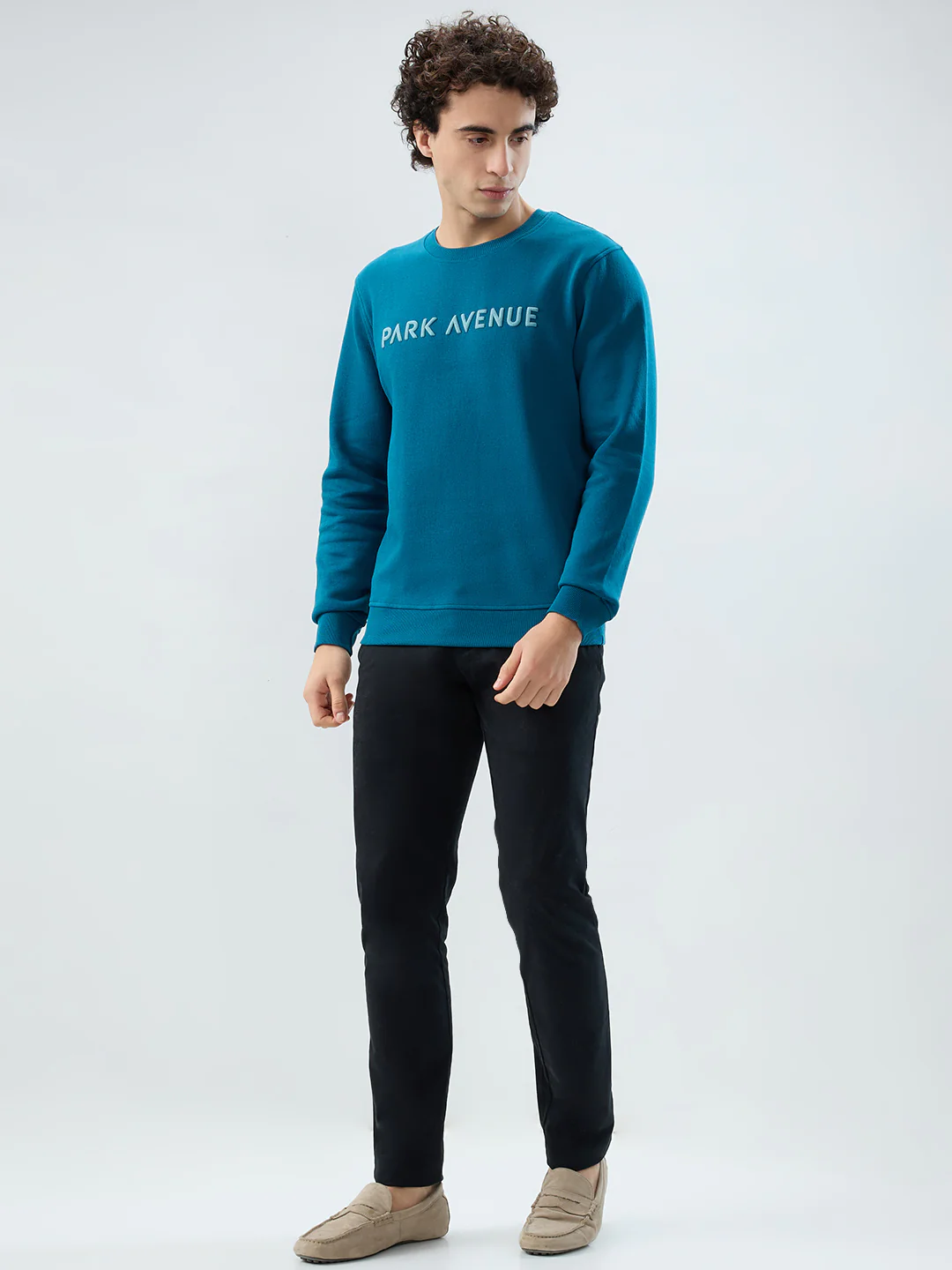Park Avenue Men Blue Solid Slim Fit Cotton Blend Sweatshirt - Image 5