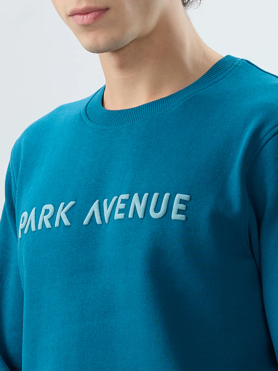 Park Avenue Men Blue Solid Slim Fit Cotton Blend Sweatshirt - Image 6