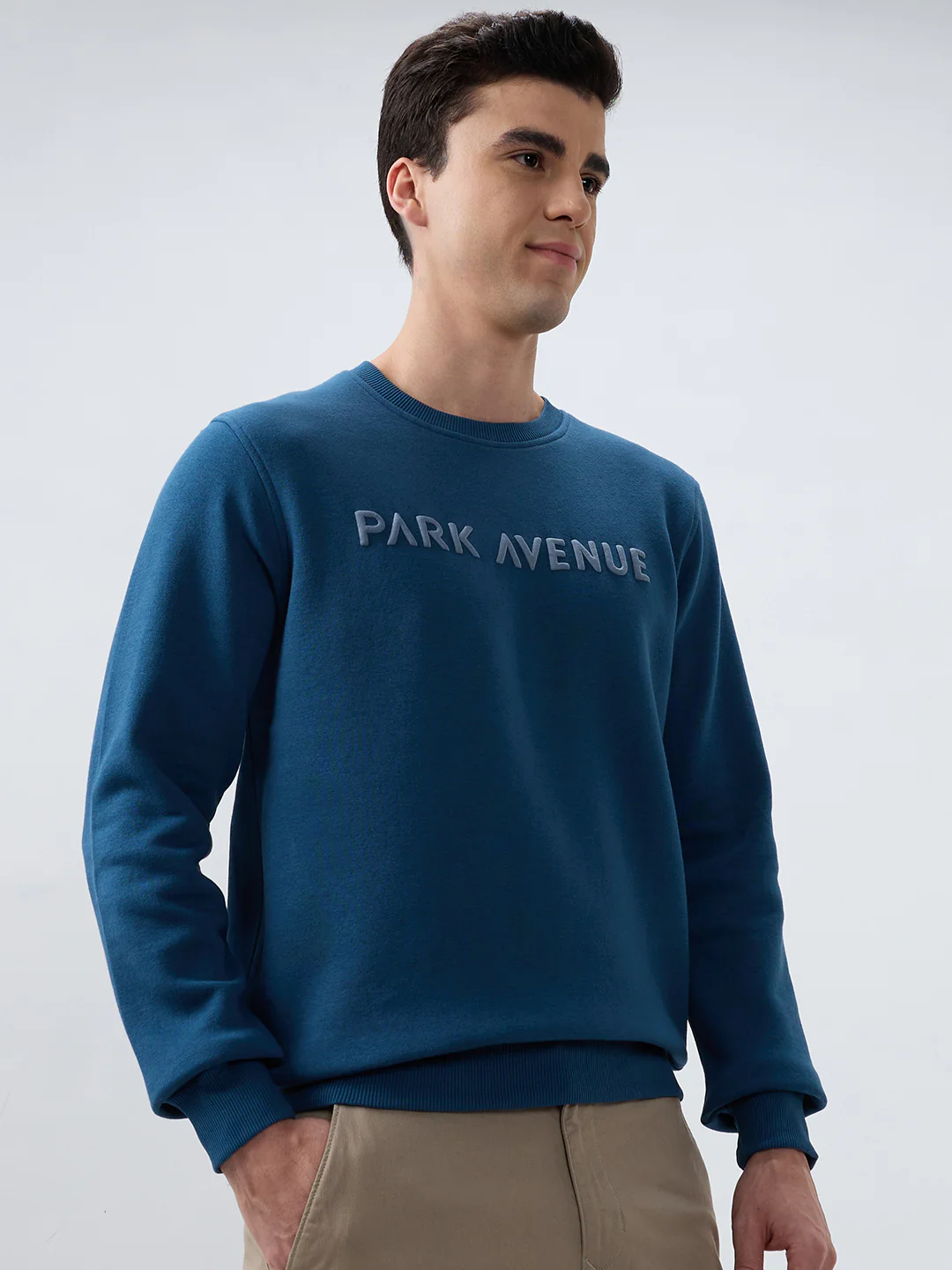 Park Avenue Men Blue Solid Slim Fit Cotton Blend Sweatshirt - Image 2