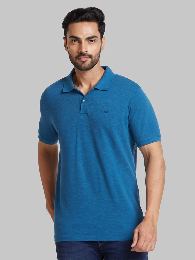 Park Avenue Men Blue Solid Slim Fit Cotton Blend T-Shirt