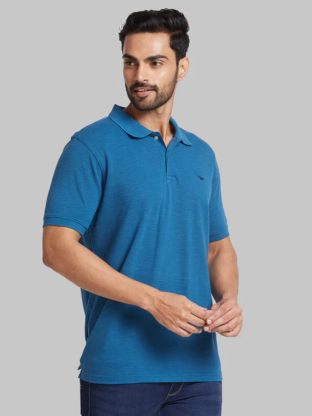 Park Avenue Men Blue Solid Slim Fit Cotton Blend T-Shirt - Image 2