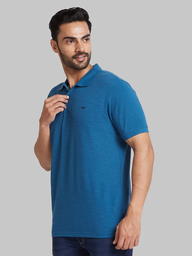 Park Avenue Men Blue Solid Slim Fit Cotton Blend T-Shirt - Image 3