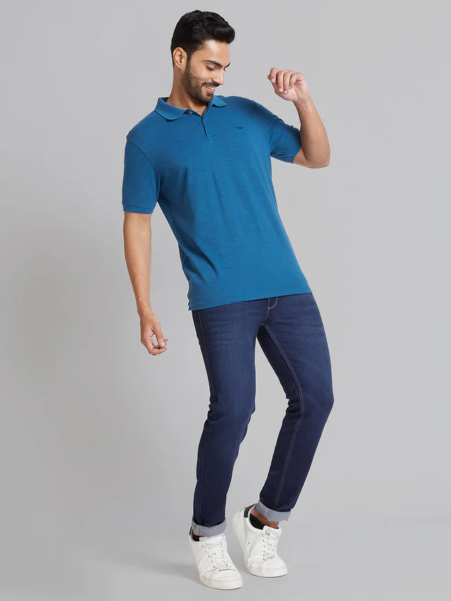Park Avenue Men Blue Solid Slim Fit Cotton Blend T-Shirt - Image 5