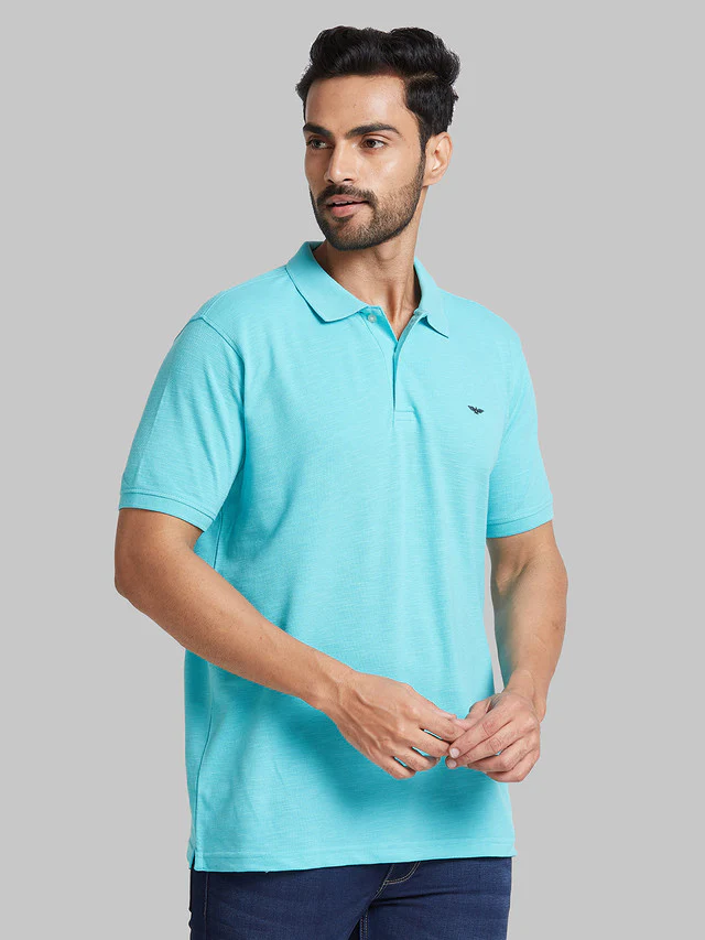 Park Avenue Men Blue Solid Slim Fit Cotton Blend T-Shirt - Image 2