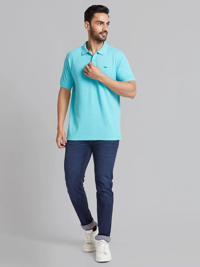 Park Avenue Men Blue Solid Slim Fit Cotton Blend T-Shirt - Image 6