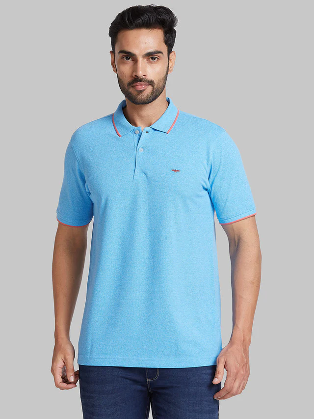 Park Avenue Men Blue Solid Slim Fit Cotton Blend T-Shirt