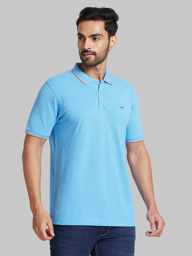 Park Avenue Men Blue Solid Slim Fit Cotton Blend T-Shirt - Image 2
