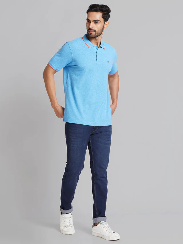 Park Avenue Men Blue Solid Slim Fit Cotton Blend T-Shirt - Image 5