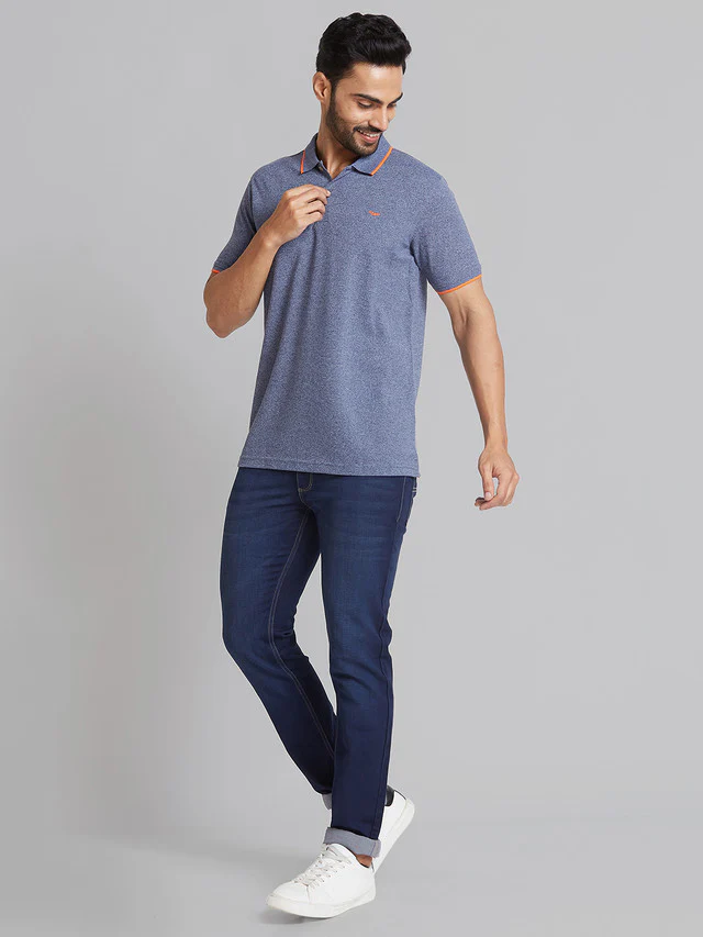 Park Avenue Men Blue Solid Slim Fit Cotton Blend T-Shirt - Image 5