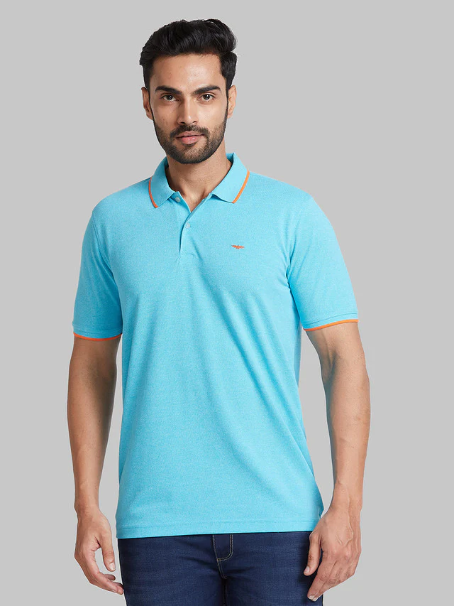 Park Avenue Men Blue Solid Slim Fit Cotton Blend T-Shirt