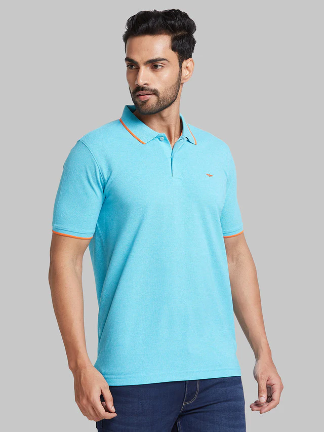 Park Avenue Men Blue Solid Slim Fit Cotton Blend T-Shirt - Image 2