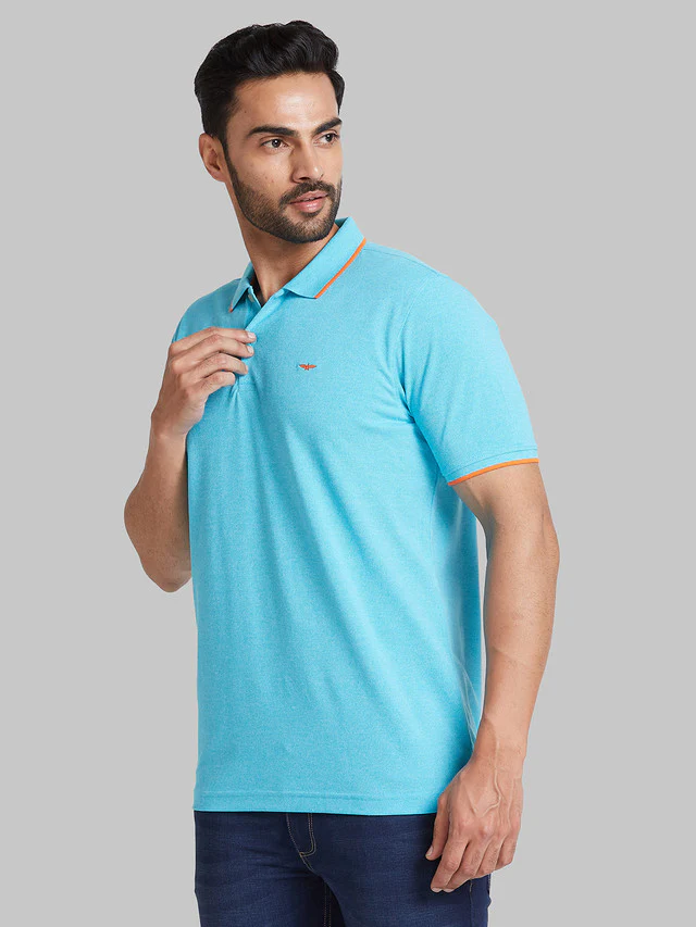 Park Avenue Men Blue Solid Slim Fit Cotton Blend T-Shirt - Image 3