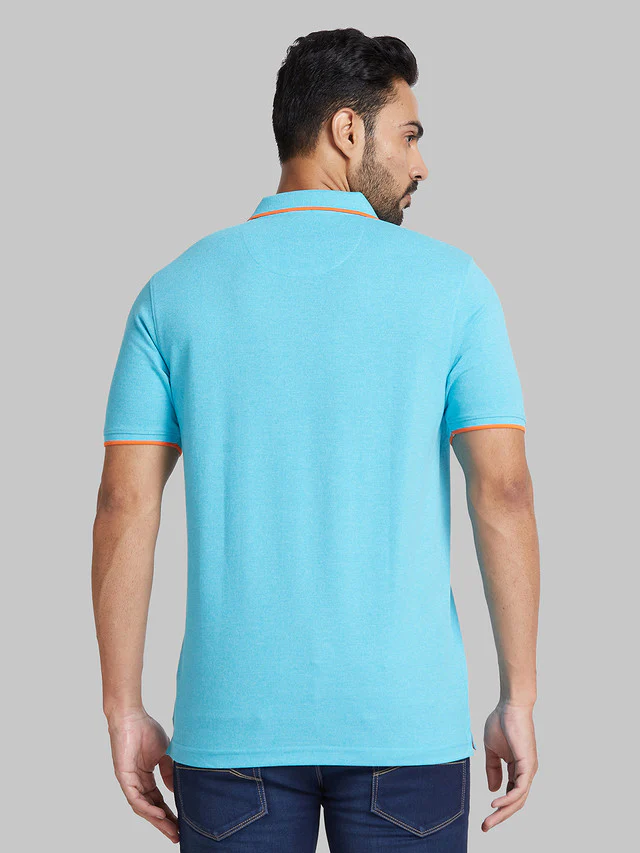 Park Avenue Men Blue Solid Slim Fit Cotton Blend T-Shirt - Image 4