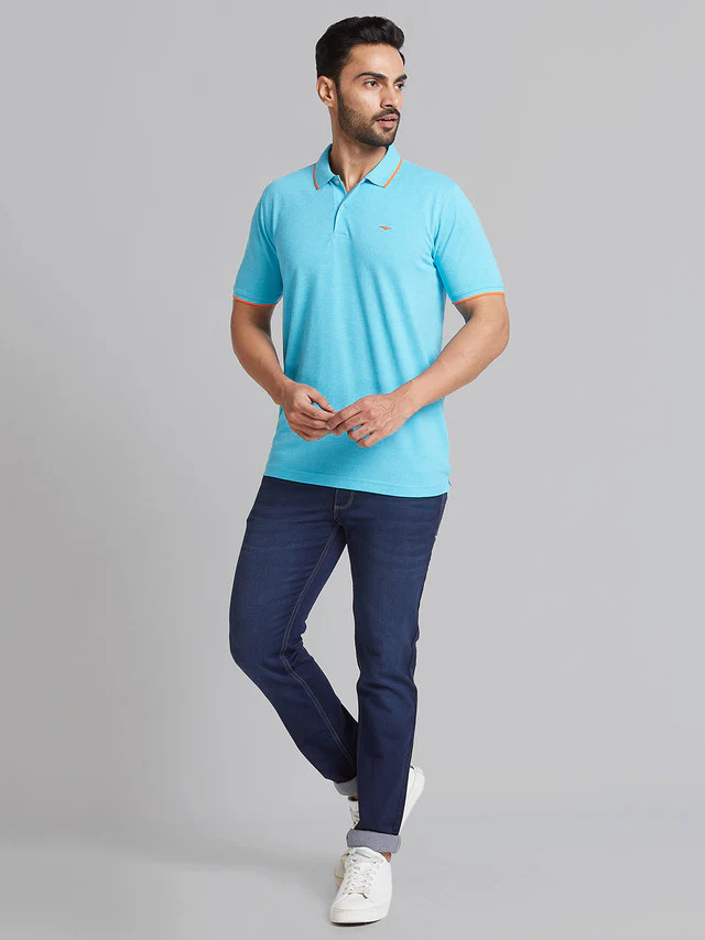 Park Avenue Men Blue Solid Slim Fit Cotton Blend T-Shirt - Image 5