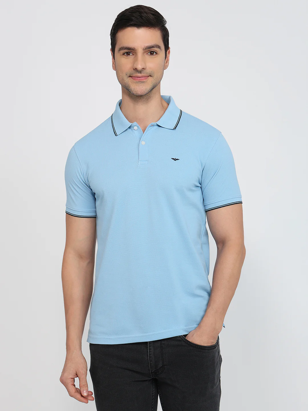 Park Avenue Men Blue Solid Slim Fit Cotton Blend T-Shirt