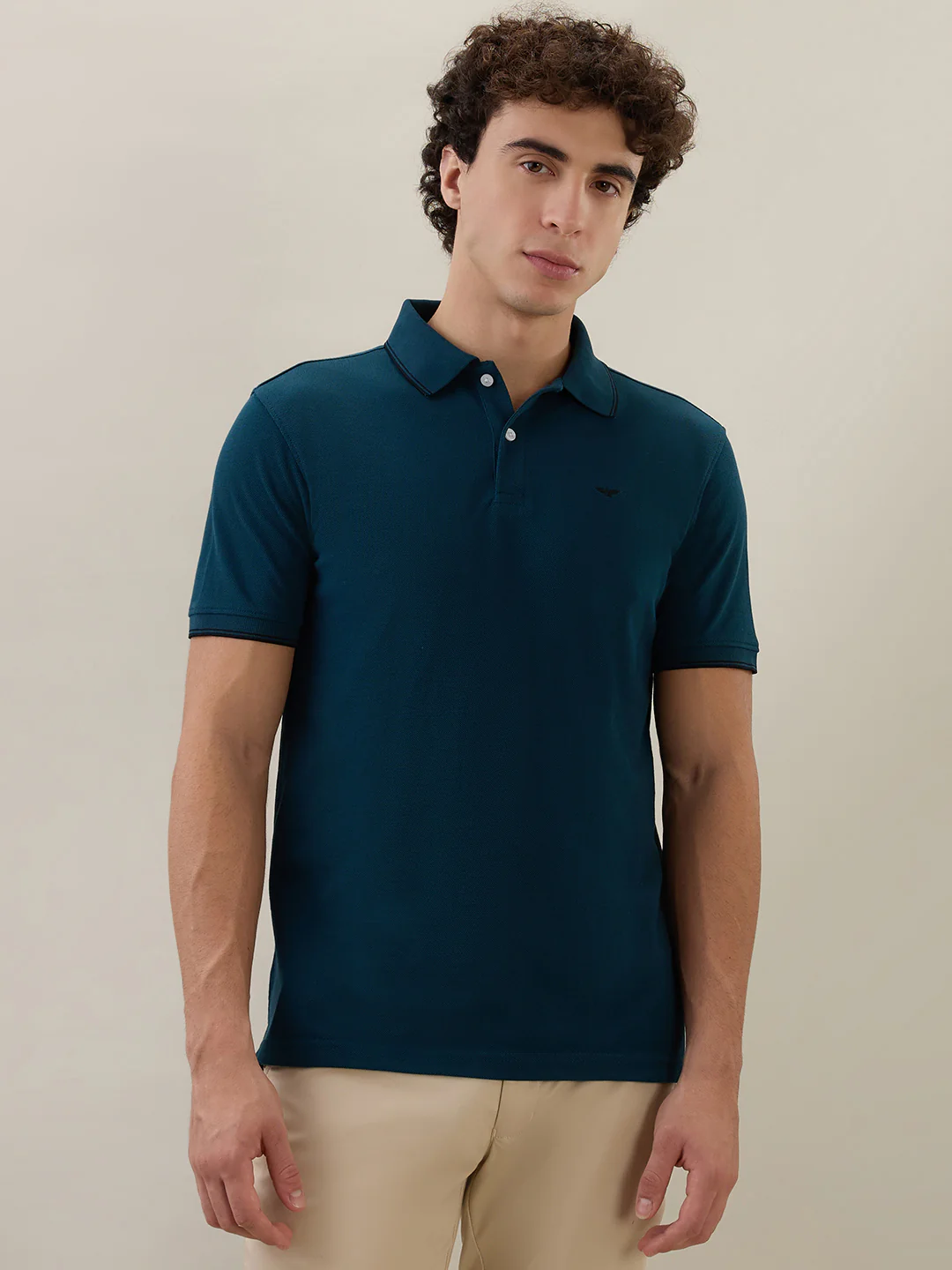Park Avenue Men Blue Solid Slim Fit Cotton Blend T-Shirt