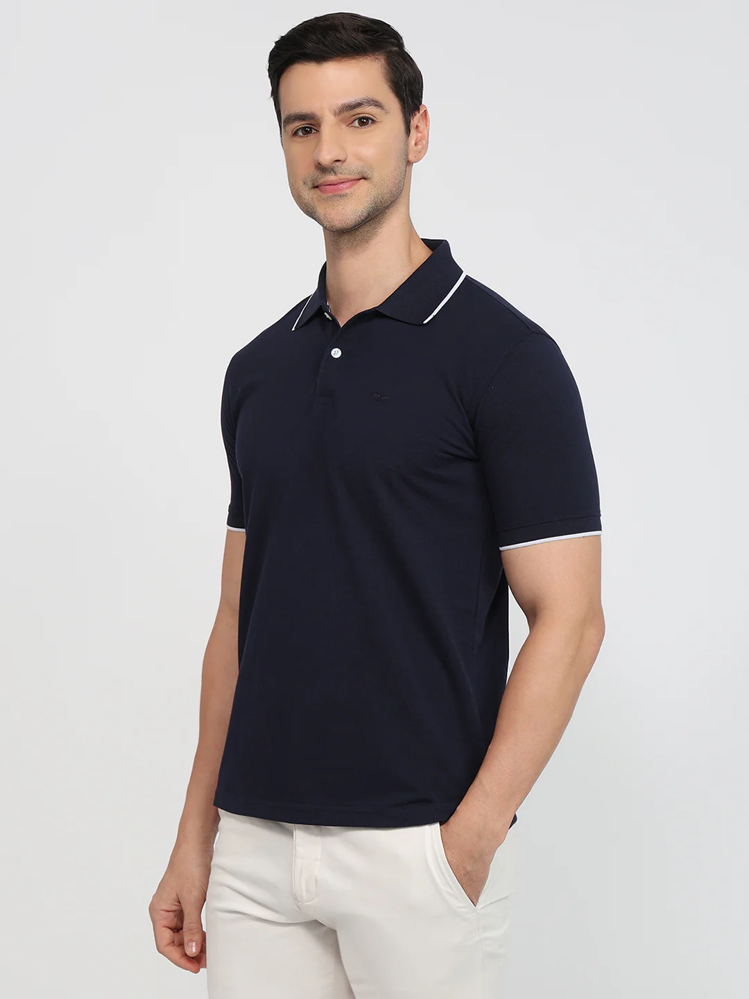 Park Avenue Men Blue Solid Slim Fit Cotton Blend T-Shirt - Image 2