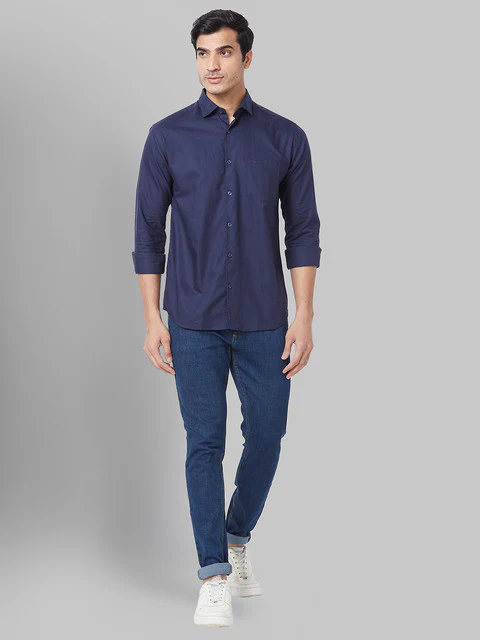 Park Avenue Men Blue Solid Slim Fit Cotton Shirt - Image 6