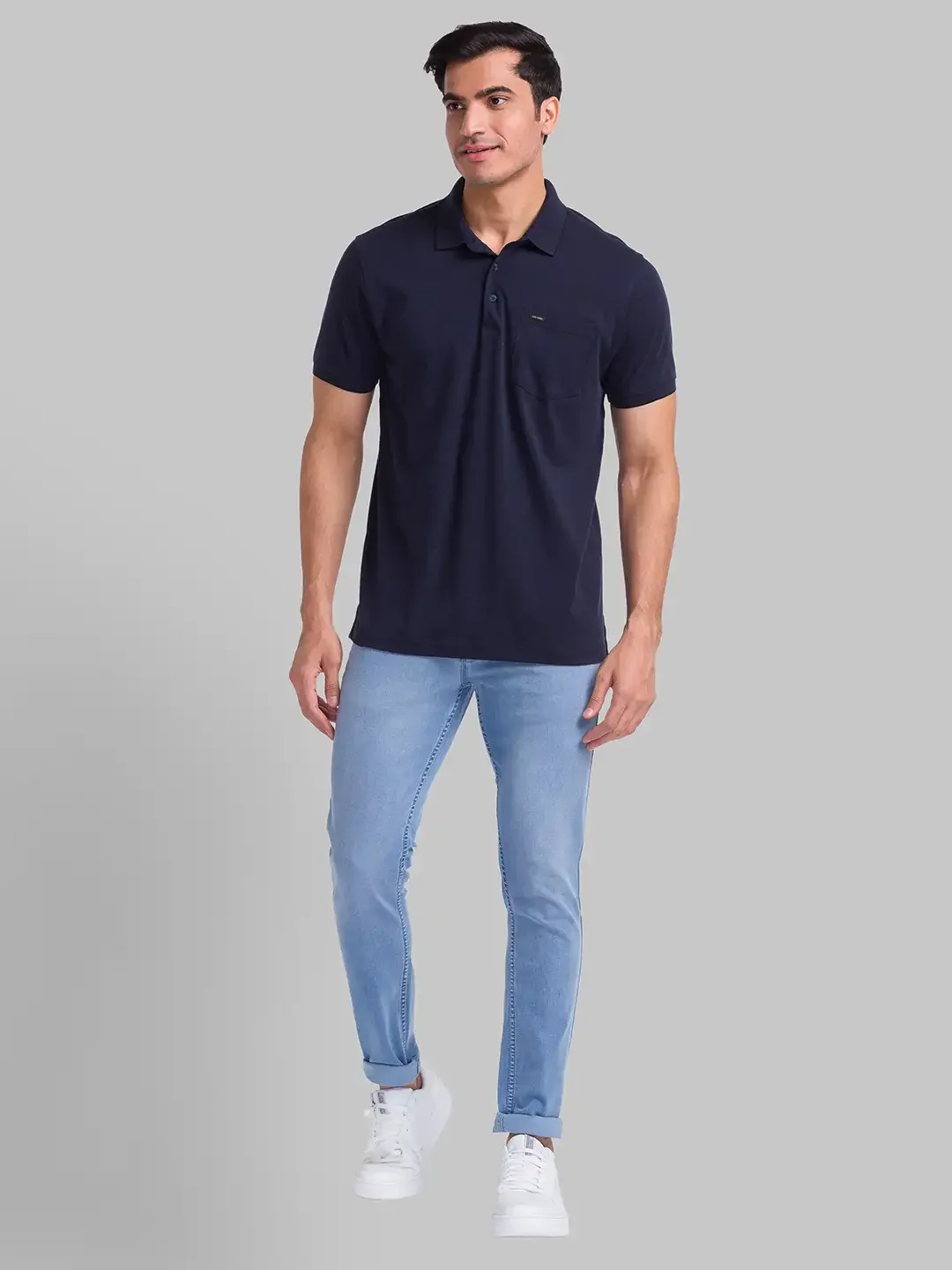 Park Avenue Men Blue Solid Slim Fit Cotton T-Shirt - Image 5
