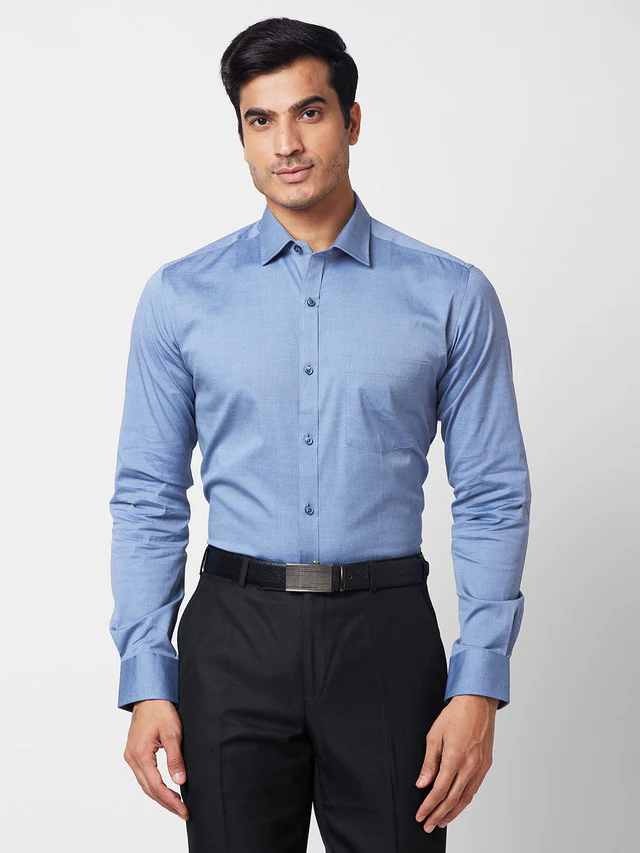 Park Avenue Men Blue Solid Slim Fit Full Sleeve Cut Away Collar Shirt