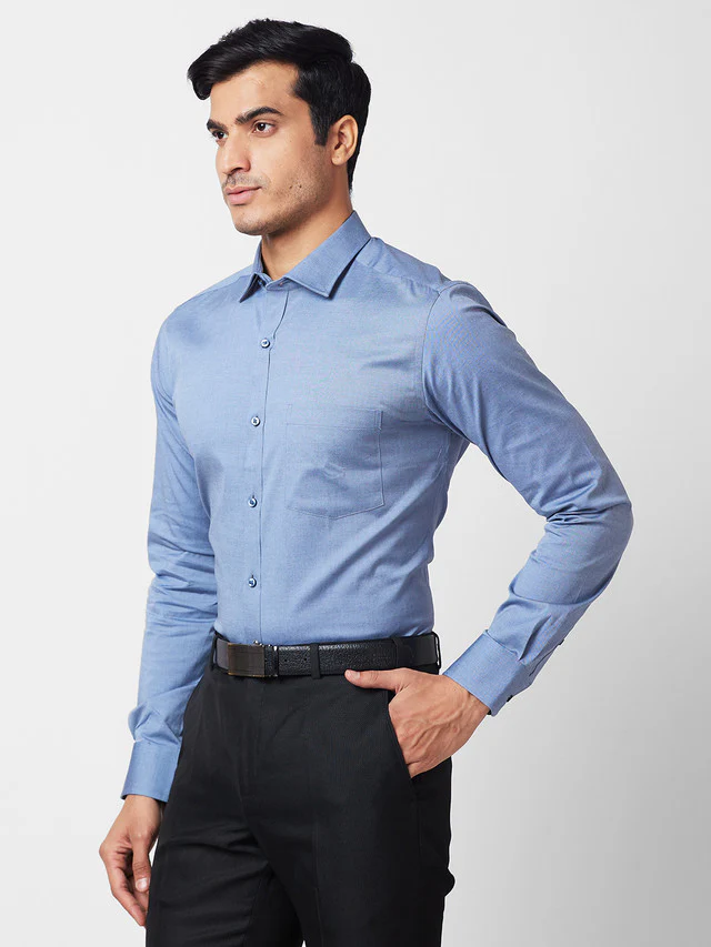 Park Avenue Men Blue Solid Slim Fit Full Sleeve Cut Away Collar Shirt - Image 3